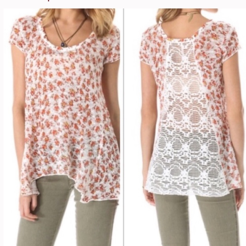 FREE People short sleeve knit top crochet sheer back top tunic size xs